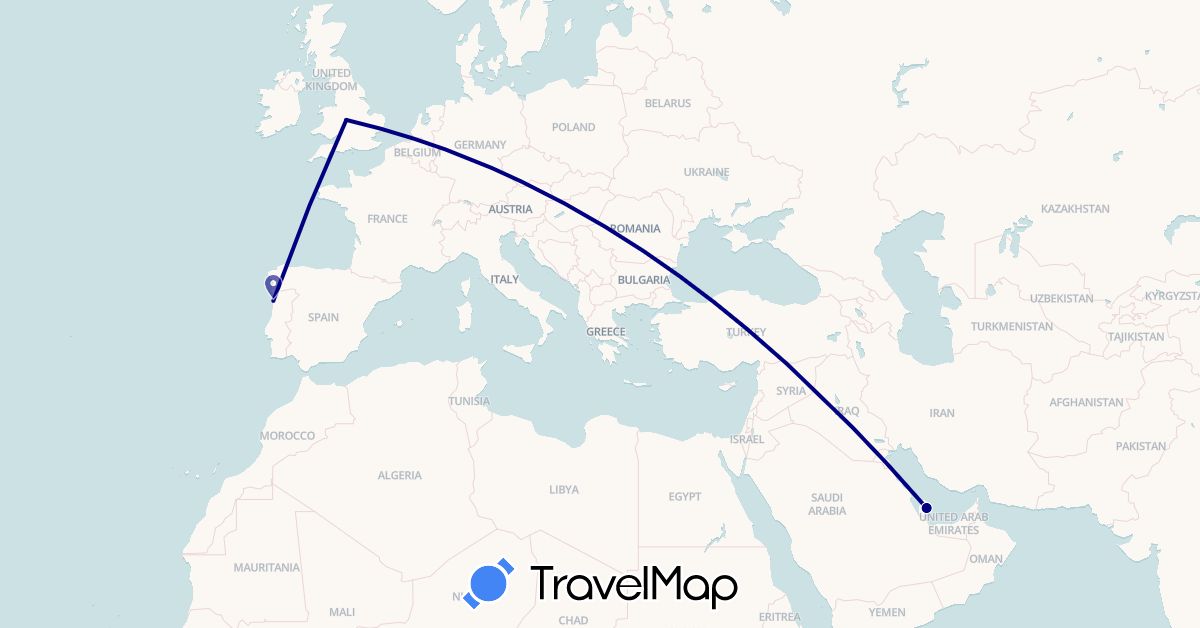 TravelMap itinerary: driving in United Kingdom, Portugal, Qatar (Asia, Europe)